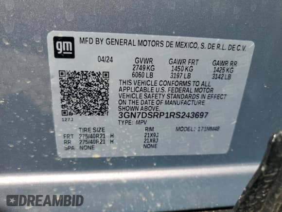 2024 Chevrolet Equinox EV RS с VIN 3GN7DSRP1RS243697, выставлен на аукционе Copart как лот 51274145 с пробегом 6 939 миль миль и Списание • Salvage title. История ставок и продаж доступна на DreamBid. Изображение 14.