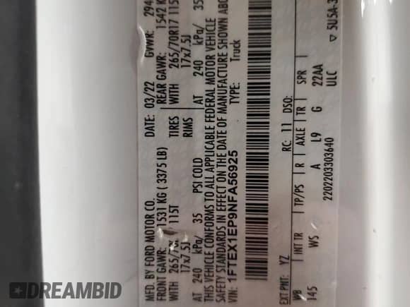 2022 Ford F-150 XL с VIN 1FTEX1EP9NFA56925, выставлен на аукционе Copart как лот 90652525 с пробегом 65 621 миль миль и Списание • Salvage title. История ставок и продаж доступна на DreamBid. Изображение 12.