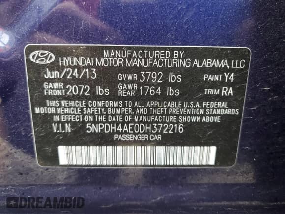 2013 Hyundai Elantra GLS with VIN 5NPDH4AE0DH372216, listed as a Copart auction lot 54752855 with 103,682 mi miles and Salvage title. Bid and sale history available at DreamBid. Image 12.