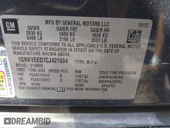 2012 Chevrolet Traverse LS с VIN 1GNKVEED7CJ421934, выставлен на аукционе IAAI как лот 42739355 с пробегом 253 548 миль миль и . История ставок и продаж доступна на DreamBid. Изображение 9.