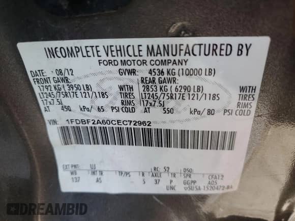 2012 Ford F-250 XL с VIN 1FDBF2A60CEC72962, выставлен на аукционе Copart как лот 62343435 с пробегом Не указан миль и Списание • Salvage title. История ставок и продаж доступна на DreamBid. Изображение 12.