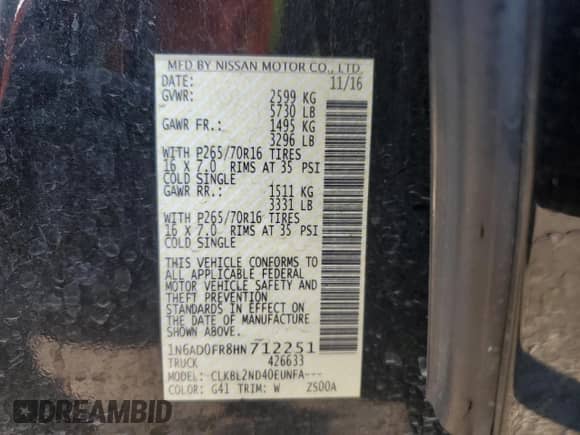 2017 Nissan Frontier SV z VIN 1N6AD0FR8HN712251, wystawiony jako Copart lot #84972624 z przebiegiem 106 488 mil mil oraz Szkoda całkowita • Salvage title. Historia ofert i sprzedaży dostępna na DreamBid. Obrazek 15.