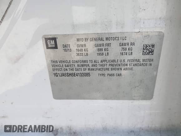 2014 Chevrolet Sonic LS с VIN 1G1JA6SH6E4133085, выставлен на аукционе IAAI как лот 42952791 с пробегом 142 302 миль миль и . История ставок и продаж доступна на DreamBid. Изображение 9.