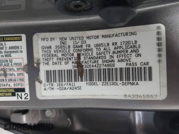 2004 Toyota Corolla CE z VIN 1NXBR32E44Z274868, wystawiony jako IAAI lot #43415312 z przebiegiem 299 999 mil mil oraz . Historia ofert i sprzedaży dostępna na DreamBid. Obrazek 9.