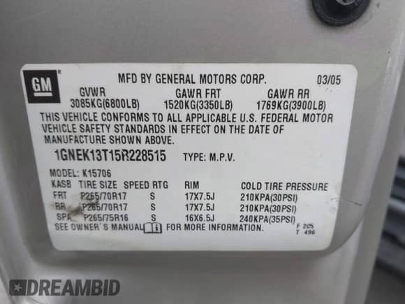 2005 Chevrolet Tahoe Z71 with VIN 1GNEK13T15R228515, listed as a IAAI auction lot 43502187 with 189,430 mi miles and . Bid and sale history available at DreamBid. Image 9.