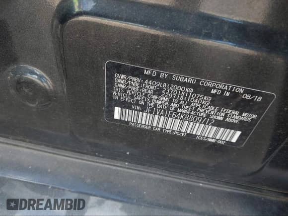 2019 Subaru WRX Premium with VIN JF1VA1F64K8809712, listed as a IAAI auction lot 41274034 with 82,689 mi miles and . Bid and sale history available at DreamBid. Image 9.