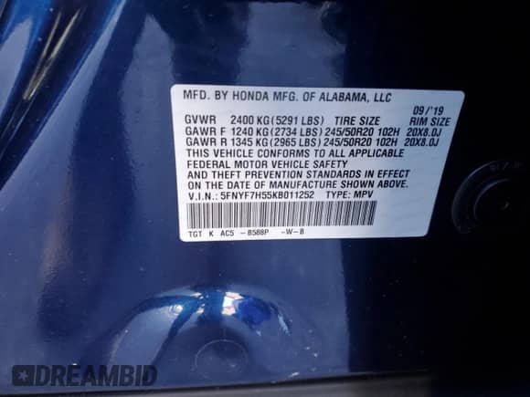 2019 Honda Passport EX-L с VIN 5FNYF7H55KB011252, выставлен на аукционе Copart как лот 82930234 с пробегом 61 777 миль миль и Списание • Salvage title. История ставок и продаж доступна на DreamBid. Изображение 13.