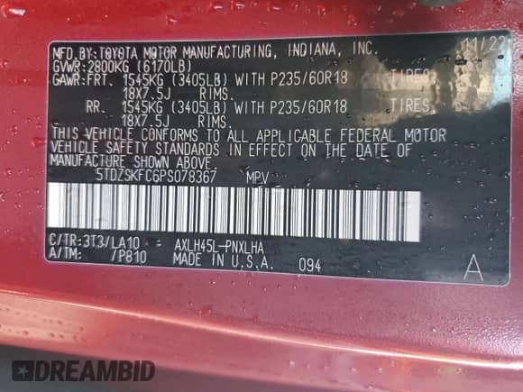 2023 Toyota Sienna Limited с VIN 5TDZSKFC6PS078367, выставлен на аукционе Copart как лот 71167205 с пробегом 43 625 миль миль и Списание • Salvage title. История ставок и продаж доступна на DreamBid. Изображение 13.