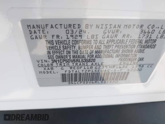 2024 Nissan Kicks SR with VIN 3N1CP5DV6RL535820, listed as a IAAI auction lot 43188034 with 6,519 mi miles and . Bid and sale history available at DreamBid. Image 9.
