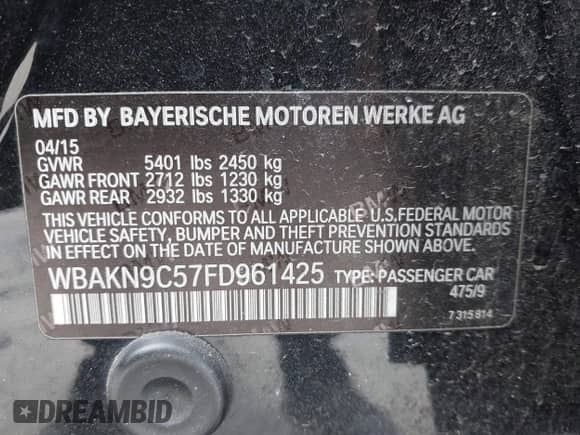 2015 BMW 5 Series 550i с VIN WBAKN9C57FD961425, выставлен на аукционе IAAI как лот 41319817 с пробегом 100 233 миль миль и . История ставок и продаж доступна на DreamBid. Изображение 9.