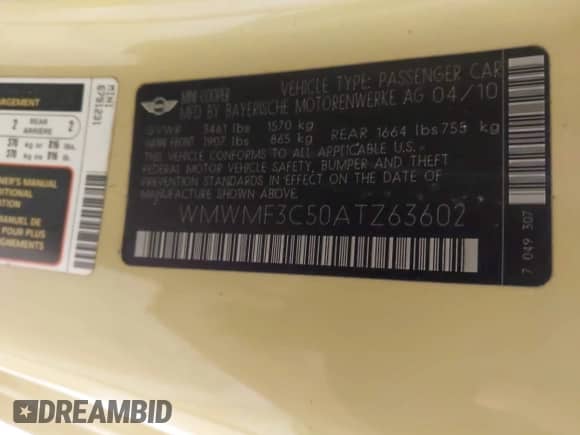 2010 MINI Hardtop with VIN WMWMF3C50ATZ63602, listed as a IAAI auction lot 42577007 with 121,843 mi miles and . Bid and sale history available at DreamBid. Image 9.