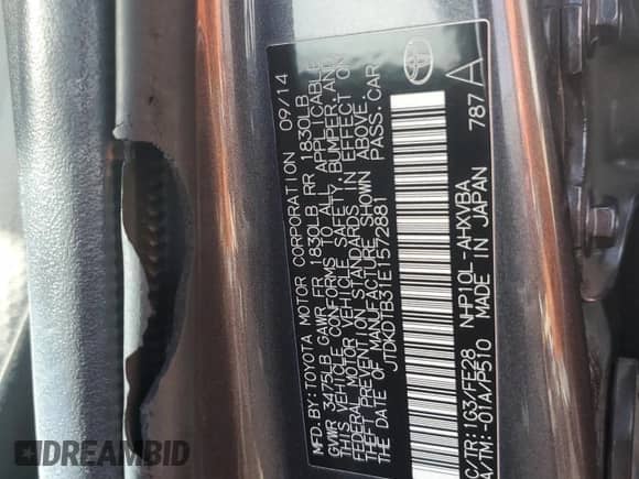 2014 Toyota Prius One z VIN JTDKDTB31E1572881, wystawiony jako Copart lot #82460335 z przebiegiem 271 234 mil mil oraz Szkoda całkowita • Salvage title. Historia ofert i sprzedaży dostępna na DreamBid. Obrazek 12.