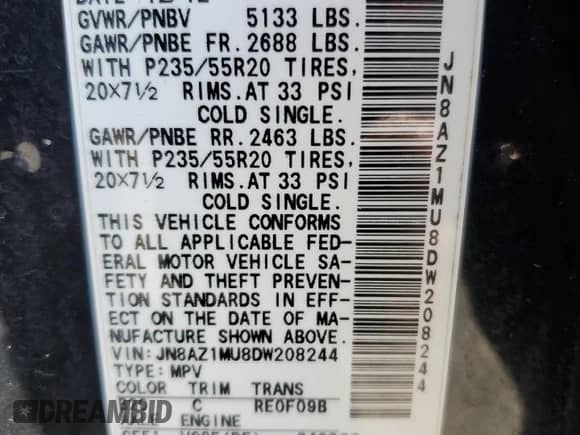 2013 Nissan Murano SV с VIN JN8AZ1MU8DW208244, выставлен на аукционе Copart как лот 84409825 с пробегом 90 737 миль миль и Списание • Salvage title. История ставок и продаж доступна на DreamBid. Изображение 13.