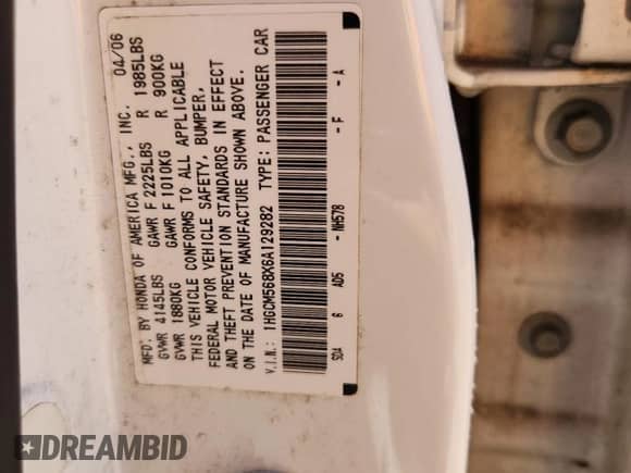 2006 Honda Accord EX-L с VIN 1HGCM568X6A129282, выставлен на аукционе Copart как лот 71073745 с пробегом 195 059 миль миль и На запчасти • Non repairable. История ставок и продаж доступна на DreamBid. Изображение 12.