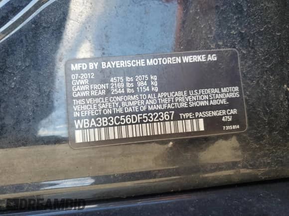 2013 BMW 3 Series 328i xDrive with VIN WBA3B3C56DF532367, listed as a Copart auction lot 85359155 with 191,955 mi miles and Salvage title. Bid and sale history available at DreamBid. Image 13.