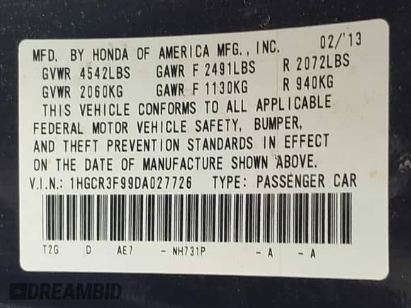 2013 Honda Accord Touring z VIN 1HGCR3F99DA027726, wystawiony jako IAAI lot #43171509 z przebiegiem 206 783 mil mil oraz . Historia ofert i sprzedaży dostępna na DreamBid. Obrazek 9.