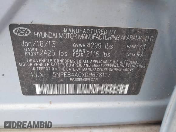 2013 Hyundai Sonata GLS with VIN 5NPEB4ACXDH678117, listed as a IAAI auction lot 43527483 with 123,516 mi miles and . Bid and sale history available at DreamBid. Image 9.