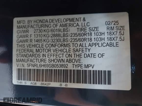 2025 Honda Odyssey EX-L с VIN 5FNRL6H69SB053892, выставлен на аукционе IAAI как лот 43133083 с пробегом 4 058 миль миль и . История ставок и продаж доступна на DreamBid. Изображение 9.