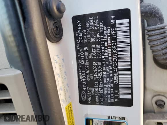 2012 Hyundai Veracruz Limited с VIN KM8NU4CC2CU193901, выставлен на аукционе Copart как лот 82182384 с пробегом 151 346 миль миль и Списание • Salvage title. История ставок и продаж доступна на DreamBid. Изображение 13.