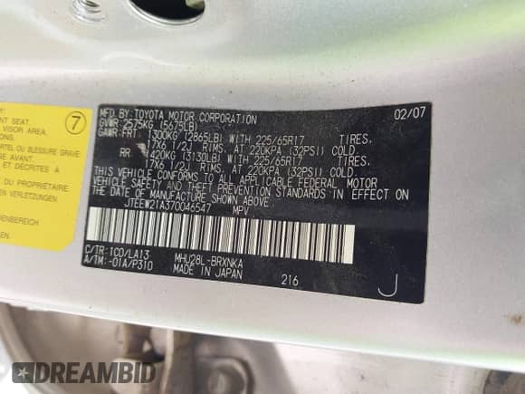 2007 Toyota Highlander w/3rd Row z VIN JTEEW21A370046547, wystawiony jako IAAI lot #42221088 z przebiegiem Nie podano mil oraz . Historia ofert i sprzedaży dostępna na DreamBid. Obrazek 9.