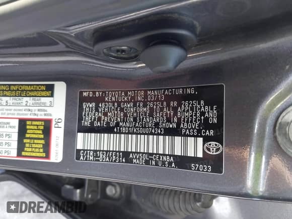 2013 Toyota Camry LE z VIN 4T1BD1FK5DU074343, wystawiony jako IAAI lot #42908273 z przebiegiem 180 827 mil mil oraz . Historia ofert i sprzedaży dostępna na DreamBid. Obrazek 9.