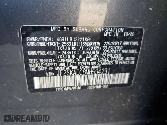 2021 Subaru Forester with VIN JF2SKADC8MH594231, listed as a Copart auction lot 81141435 with Not provided miles and Salvage title. Bid and sale history available at DreamBid. Image 13.