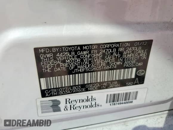 2012 Lexus IS 250 z VIN JTHBF5C26C5168474, wystawiony jako Copart lot #71127475 z przebiegiem 133 866 mil mil oraz Szkoda całkowita • Salvage title. Historia ofert i sprzedaży dostępna na DreamBid. Obrazek 12.