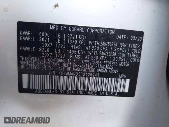 2023 Subaru Ascent Onyx Limited with VIN 4S4WMAKD5P3429241, listed as a IAAI auction lot 42711630 with 32,141 mi miles and . Bid and sale history available at DreamBid. Image 9.