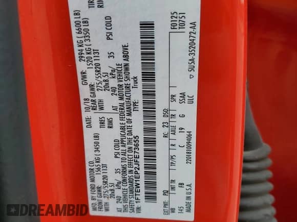 2018 Ford F-150 XL z VIN 1FTEW1EP2JFE73655, wystawiony jako Copart lot #89652125 z przebiegiem Nie podano mil oraz Szkoda całkowita • Salvage title. Historia ofert i sprzedaży dostępna na DreamBid. Obrazek 13.