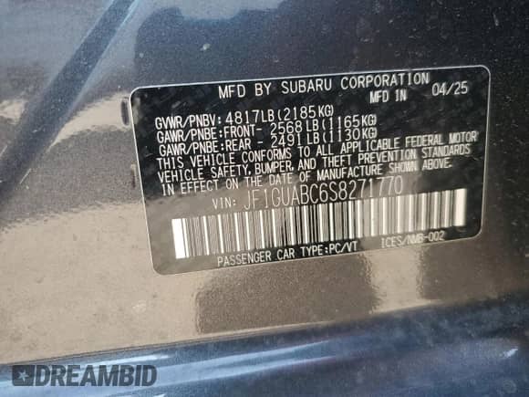 2025 Subaru Impreza with VIN JF1GUABC6S8271770, listed as a Copart auction lot 71546645 with 1,281 mi miles and Salvage title. Bid and sale history available at DreamBid. Image 12.