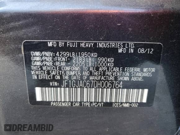 2013 Subaru Impreza Premium with VIN JF1GJAC67DH006764, listed as a Copart auction lot 81640745 with 108,199 mi miles and Salvage title. Bid and sale history available at DreamBid. Image 13.