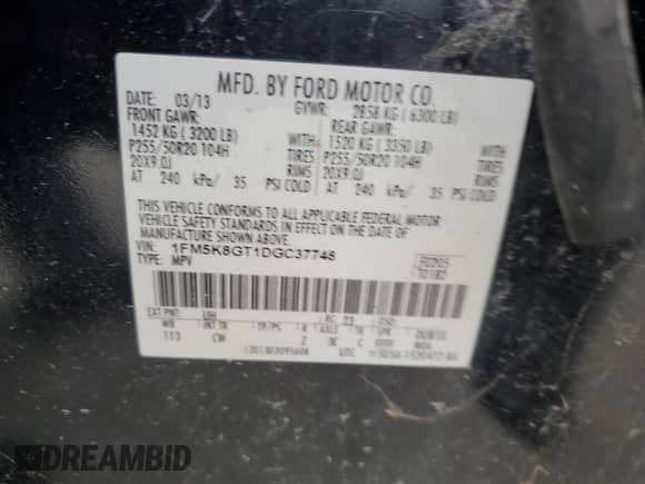 2013 Ford Explorer Sport z VIN 1FM5K8GT1DGC37748, wystawiony jako Copart lot #90103645 z przebiegiem 179 800 mil mil oraz Szkoda całkowita • Salvage title. Historia ofert i sprzedaży dostępna na DreamBid. Obrazek 13.