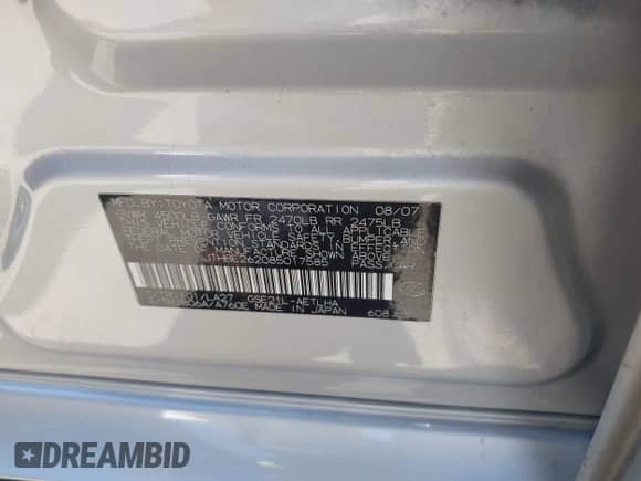 2008 Lexus IS 350 with VIN JTHBE262085017585, listed as a IAAI auction lot 42191579 with 118,931 mi miles and . Bid and sale history available at DreamBid. Image 9.