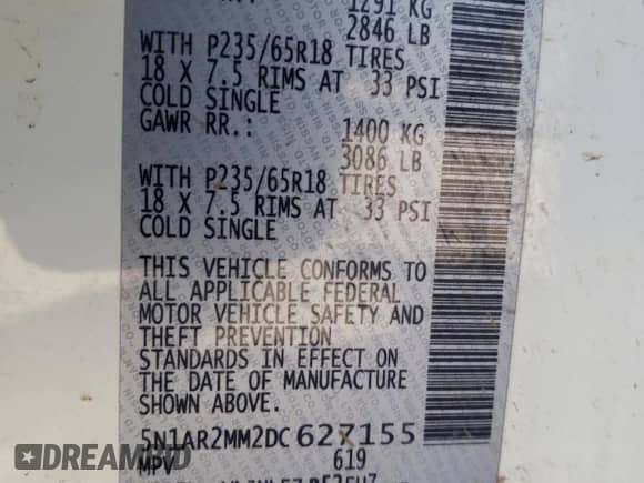 2013 Nissan Pathfinder SV z VIN 5N1AR2MM2DC627155, wystawiony jako Copart lot #57326095 z przebiegiem 126 145 mil mil oraz Szkoda całkowita • Salvage title. Historia ofert i sprzedaży dostępna na DreamBid. Obrazek 13.