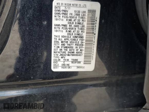 2011 Nissan Murano SL with VIN JN8AZ1MU7BW068457, listed as a Copart auction lot 61809435 with 276,292 mi miles and Clean title. Bid and sale history available at DreamBid. Image 12.