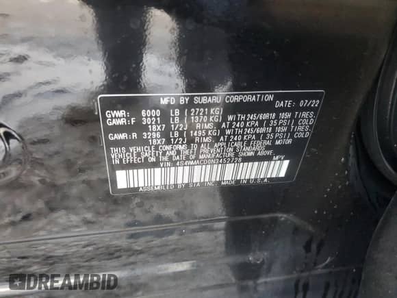 2022 Subaru Ascent Premium с VIN 4S4WMACD0N3452728, выставлен на аукционе Copart как лот 51818325 с пробегом 38 375 миль миль и На запчасти • Non repairable. История ставок и продаж доступна на DreamBid. Изображение 15.