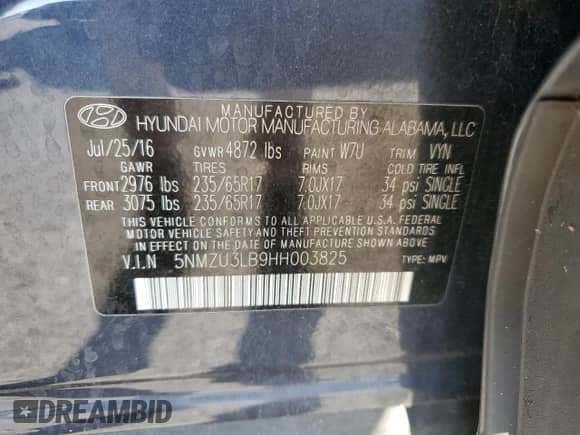 2017 Hyundai Santa Fe 2.4L с VIN 5NMZU3LB9HH003825, выставлен на аукционе Copart как лот 80413865 с пробегом 95 191 миль миль и Списание • Salvage title. История ставок и продаж доступна на DreamBid. Изображение 14.