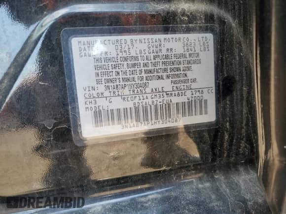 2017 Nissan Sentra SV с VIN 3N1AB7AP1HY304087, выставлен на аукционе Copart как лот 71657545 с пробегом 40 819 миль миль и Списание • Salvage title. История ставок и продаж доступна на DreamBid. Изображение 13.