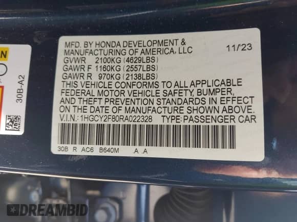 2024 Honda Accord Touring with VIN 1HGCY2F80RA022328, listed as a IAAI auction lot 42455184 with Not provided miles and . Bid and sale history available at DreamBid. Image 9.