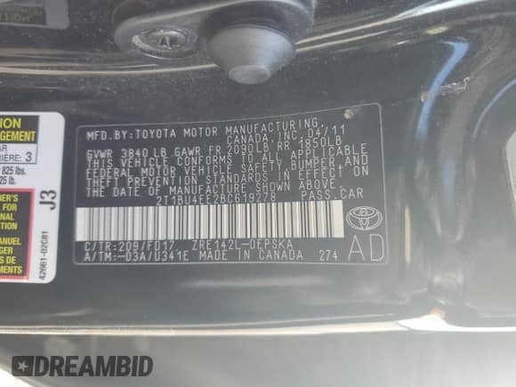 2011 Toyota Corolla S with VIN 2T1BU4EE2BC619278, listed as a Copart auction lot 46426665 with 150,692 mi miles and Salvage title. Bid and sale history available at DreamBid. Image 12.