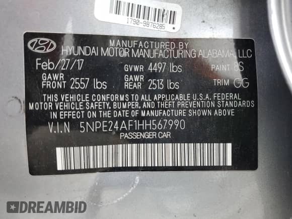 2017 Hyundai Sonata 2.4L with VIN 5NPE24AF1HH567990, listed as a Copart auction lot 70048145 with 120,434 mi miles and Salvage title. Bid and sale history available at DreamBid. Image 12.