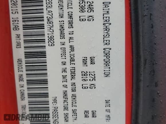2007 Dodge Charger SRT-8 with VIN 2B3LA73W87H719829, listed as a Copart auction lot 56049515 with 92,789 mi miles and Salvage title. Bid and sale history available at DreamBid. Image 12.