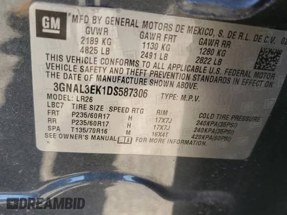 2013 Chevrolet Captiva Sport LT with VIN 3GNAL3EK1DS587306, listed as a Copart auction lot 84477365 with 124,484 mi miles and Salvage title. Bid and sale history available at DreamBid. Image 13.