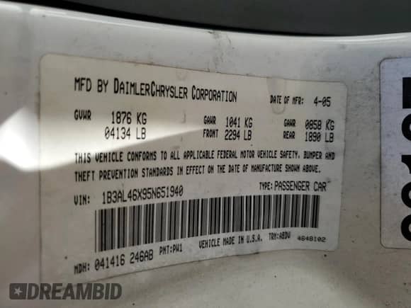 2005 Dodge Stratus with VIN 1B3AL46X95N651940, listed as a Copart auction lot 80133735 with 148,860 mi miles and Salvage title. Bid and sale history available at DreamBid. Image 12.