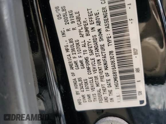 2006 Honda Accord EX-L z VIN 1HGCM66816A063078, wystawiony jako Copart lot #67975055 z przebiegiem 192 067 mil mil oraz Szkoda całkowita • Salvage title. Historia ofert i sprzedaży dostępna na DreamBid. Obrazek 12.