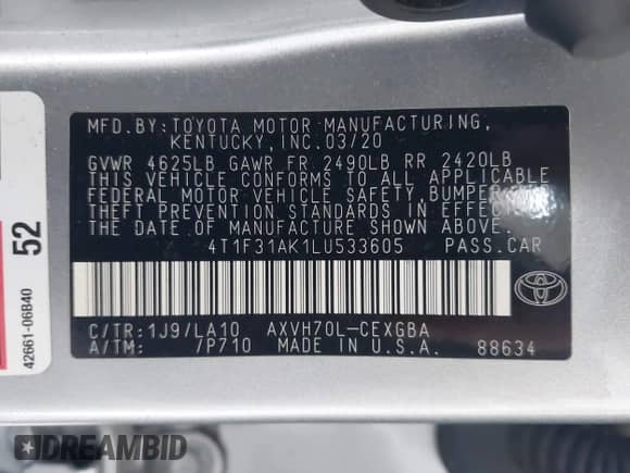 2020 Toyota Camry Hybrid XLE z VIN 4T1F31AK1LU533605, wystawiony jako IAAI lot #42790450 z przebiegiem 98 102 mil mil oraz . Historia ofert i sprzedaży dostępna na DreamBid. Obrazek 9.