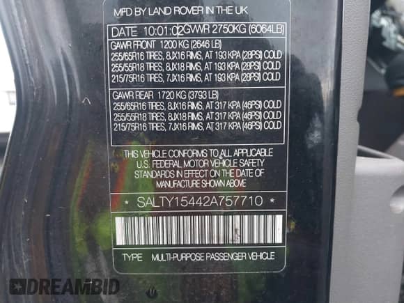 2002 Land Rover Discovery Cloth with VIN SALTY15442A757710, listed as a IAAI auction lot 40946887 with 161,221 mi miles and . Bid and sale history available at DreamBid. Image 9.