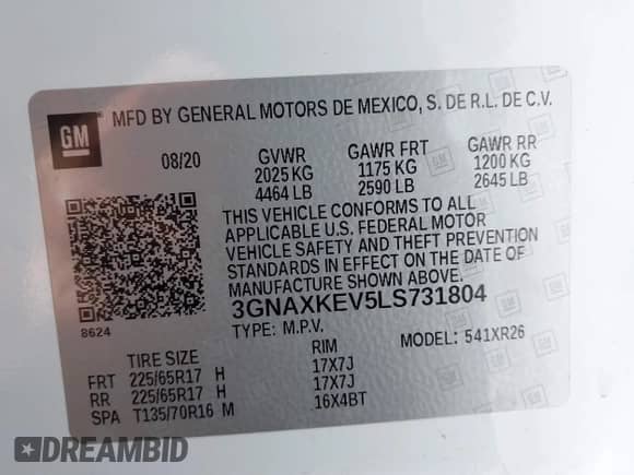 2020 Chevrolet Equinox LT with VIN 3GNAXKEV5LS731804, listed as a IAAI auction lot 43284979 with 72,417 mi miles and . Bid and sale history available at DreamBid. Image 9.