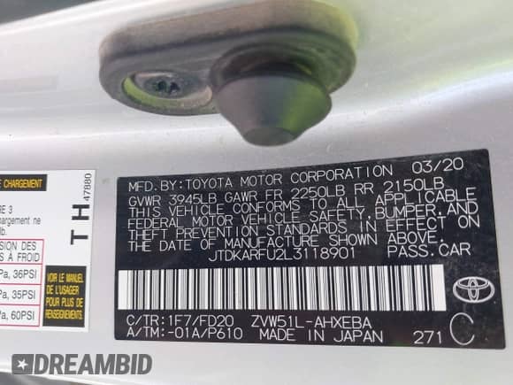 2020 Toyota Prius L Eco with VIN JTDKARFU2L3118901, listed as a IAAI auction lot 43373660 with 147,420 mi miles and . Bid and sale history available at DreamBid. Image 9.