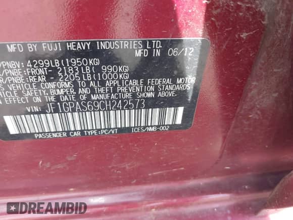 2012 Subaru Impreza Special Sports Limited z VIN JF1GPAS69CH242573, wystawiony jako IAAI lot #42782237 z przebiegiem 165 718 mil mil oraz . Historia ofert i sprzedaży dostępna na DreamBid. Obrazek 9.